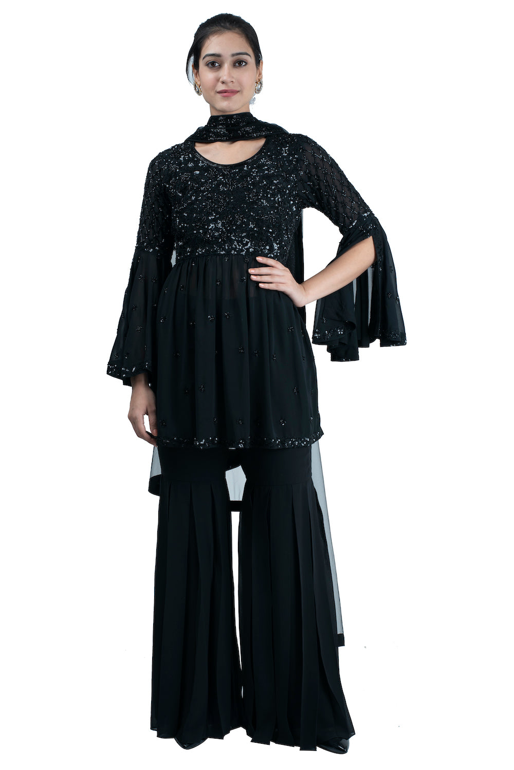 Black embroidered sharara suit - kylee