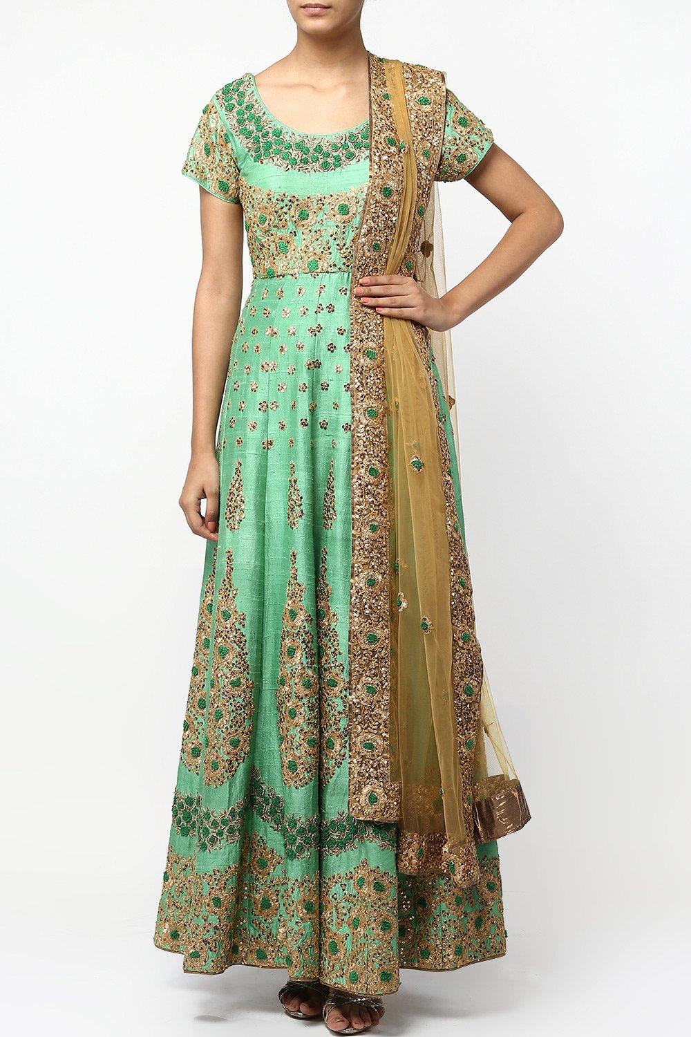 Green Floral Hand Embroidered Anarkali Set - kylee