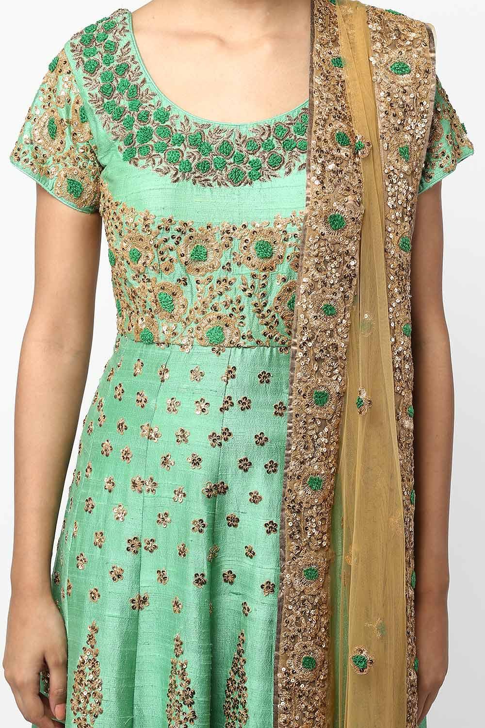 Green Floral Hand Embroidered Anarkali Set - kylee
