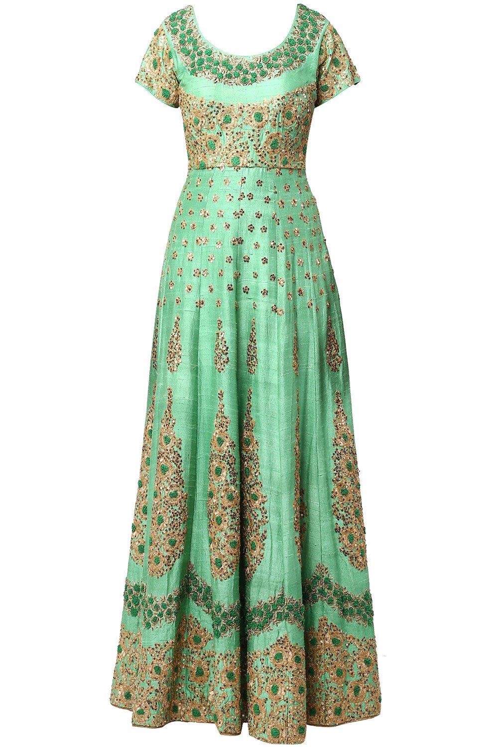 Green Floral Hand Embroidered Anarkali Set - kylee