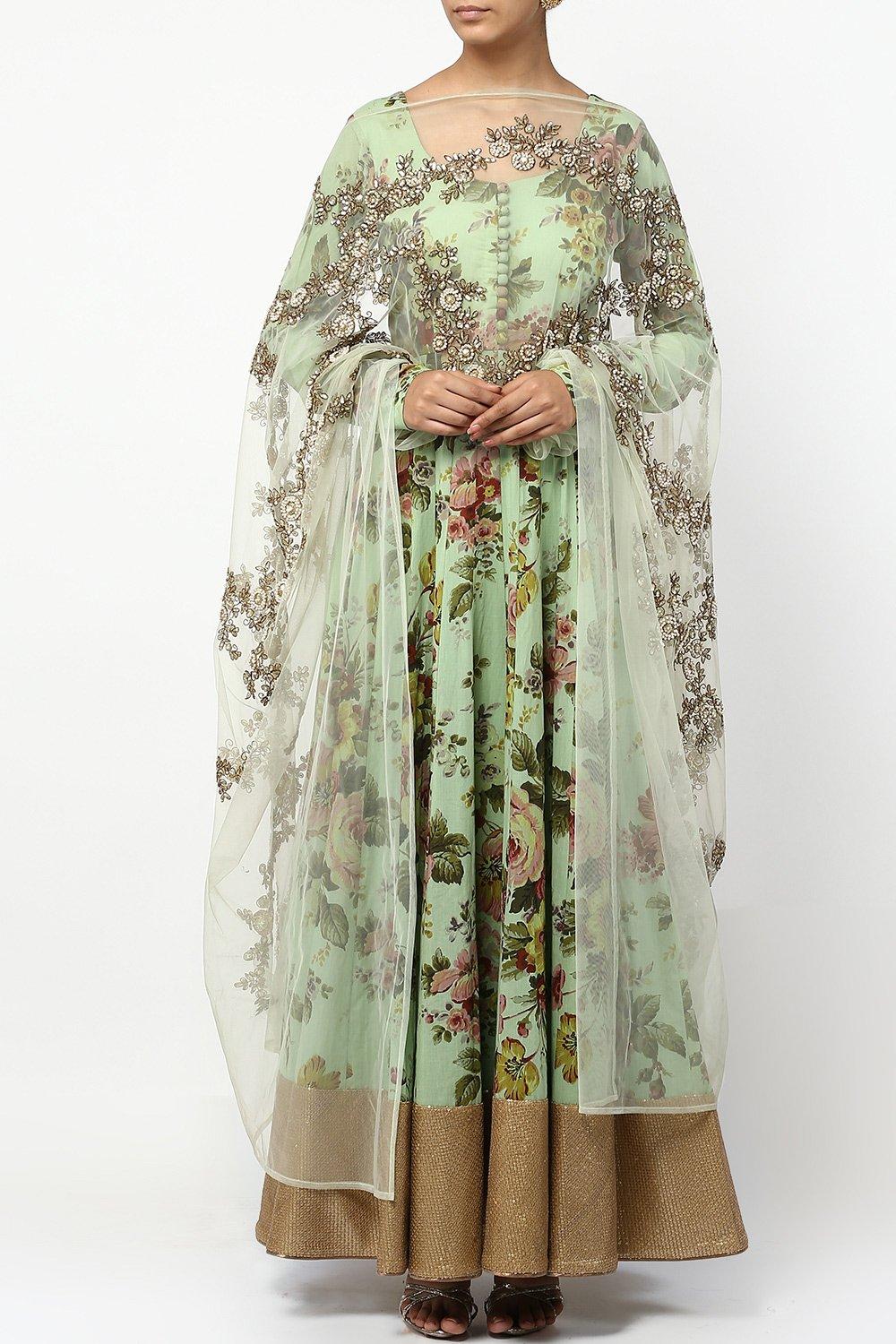 Green Floral Print Anarkali Set - kylee