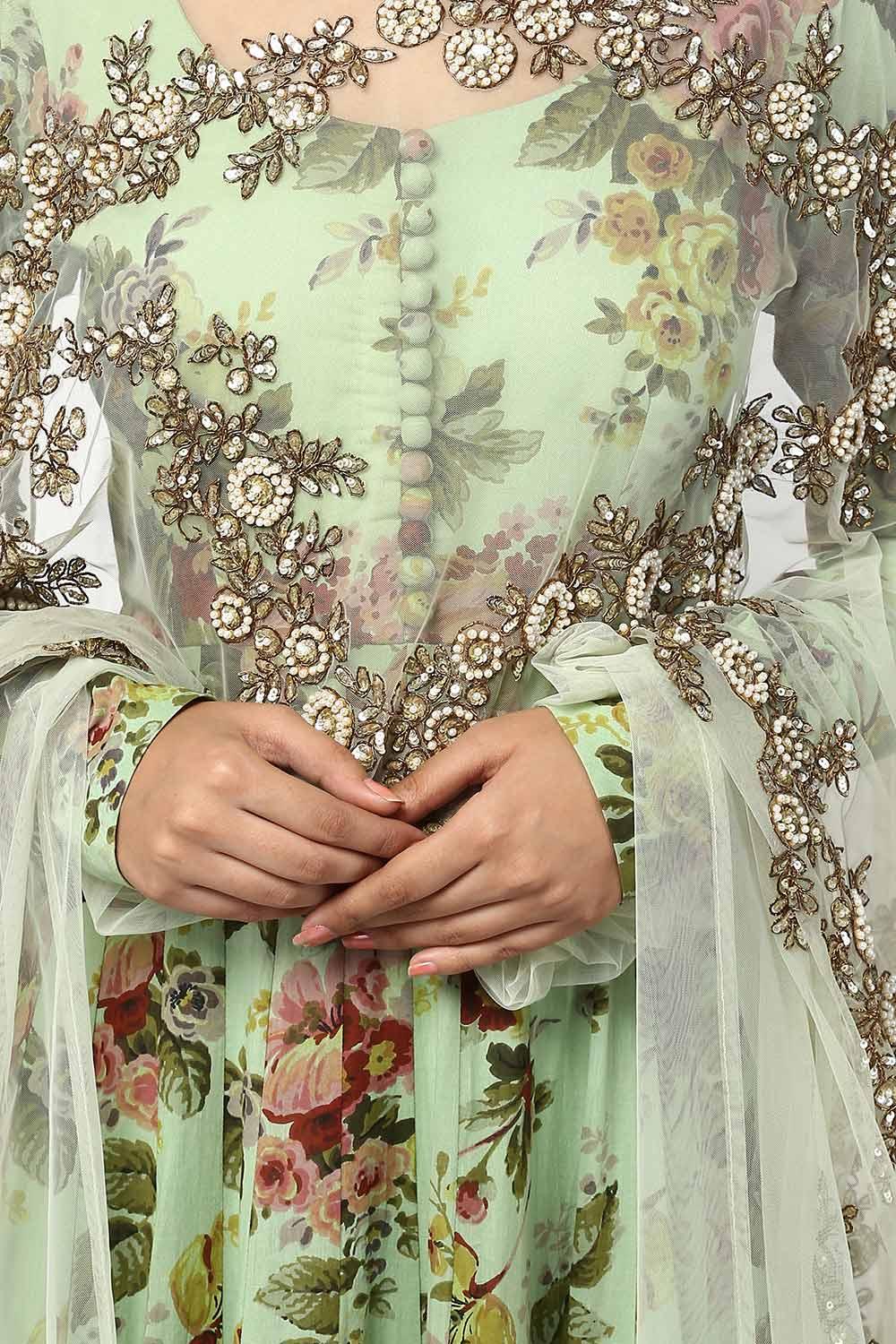 Green Floral Print Anarkali Set - kylee