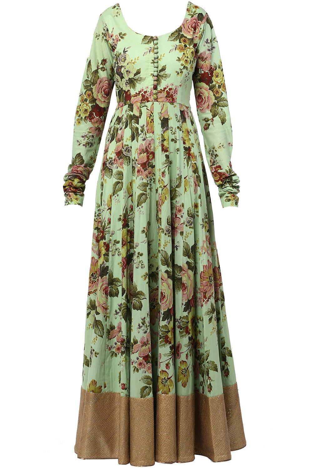 Green Floral Print Anarkali Set - kylee