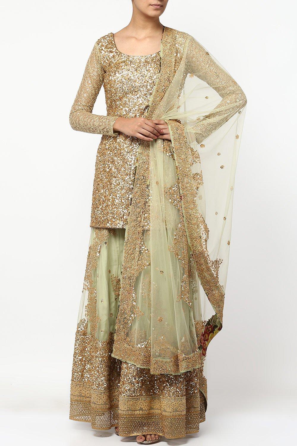 Green Thread Embroidered Sharara Set - kylee