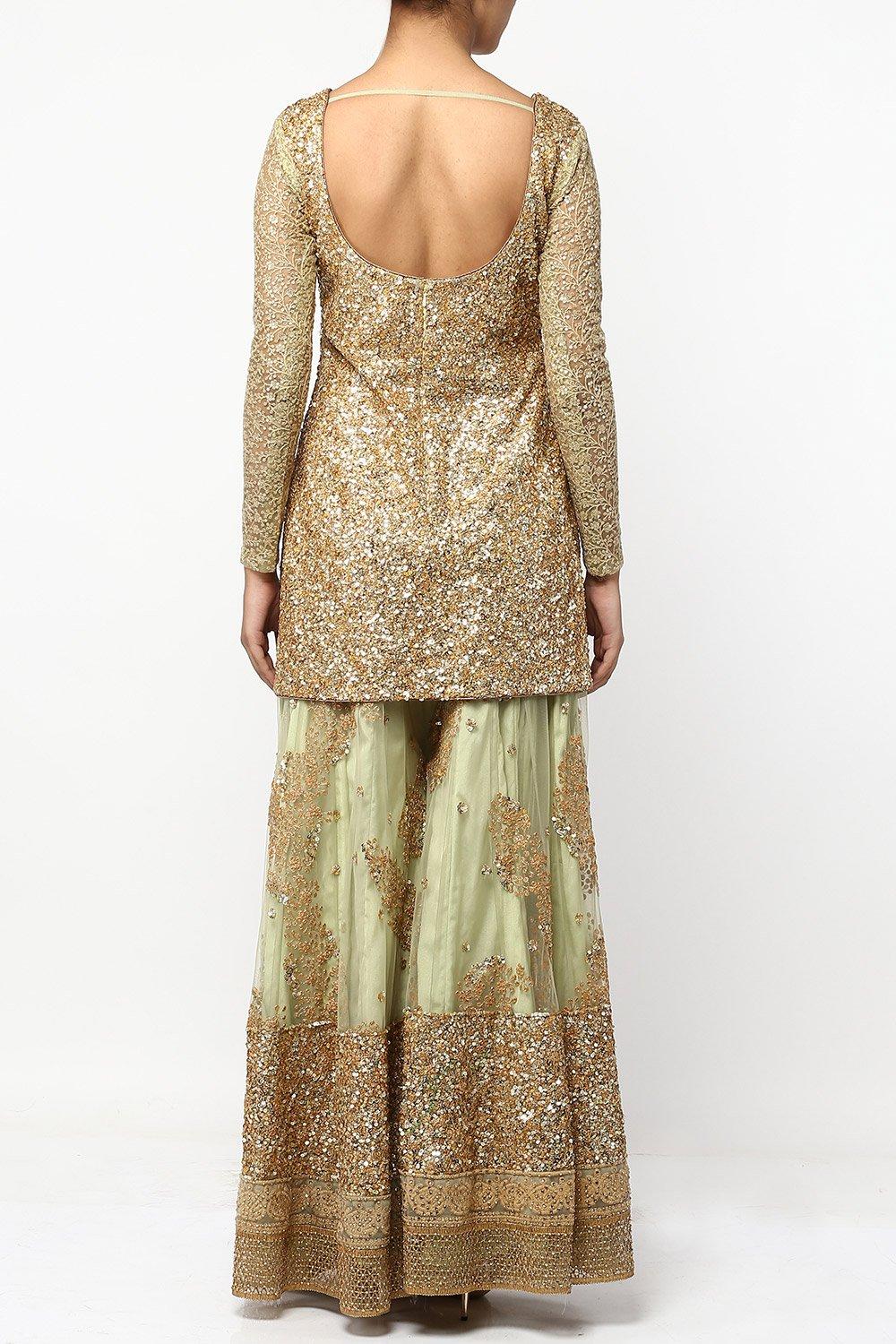 Green Thread Embroidered Sharara Set - kylee