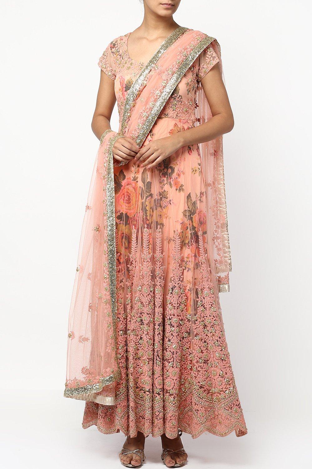 Peach Floral Print Layered Anarkali Set - kylee