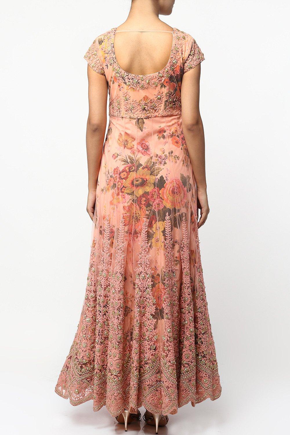 Peach Floral Print Layered Anarkali Set - kylee