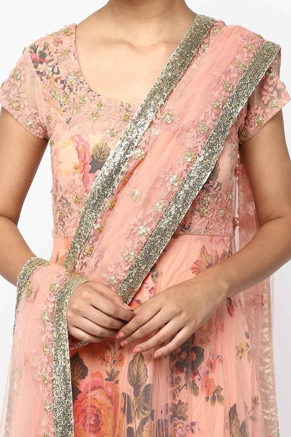 Peach Floral Print Layered Anarkali Set - kylee