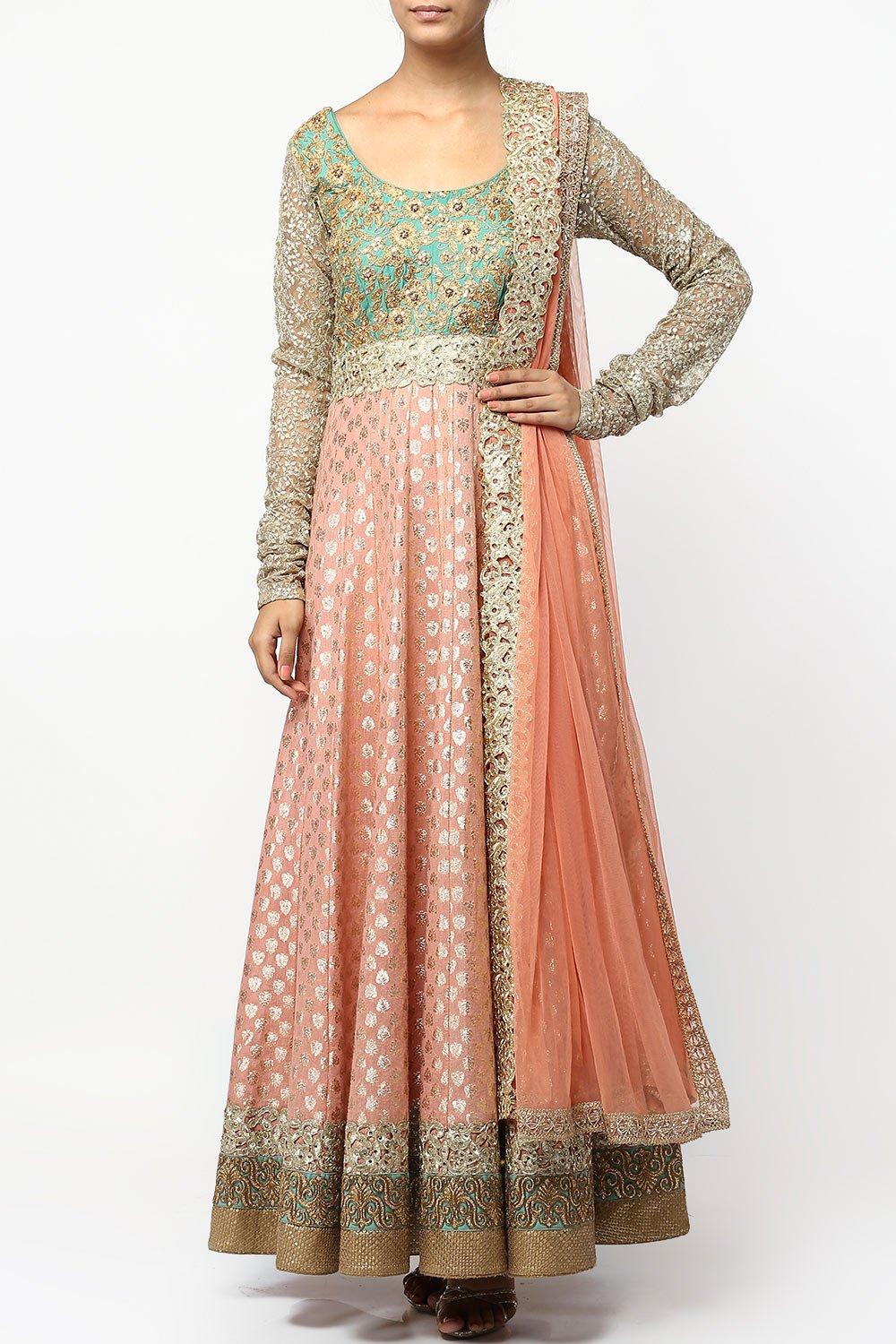 Peach Aari Work Brocade Anarkali Set - kylee