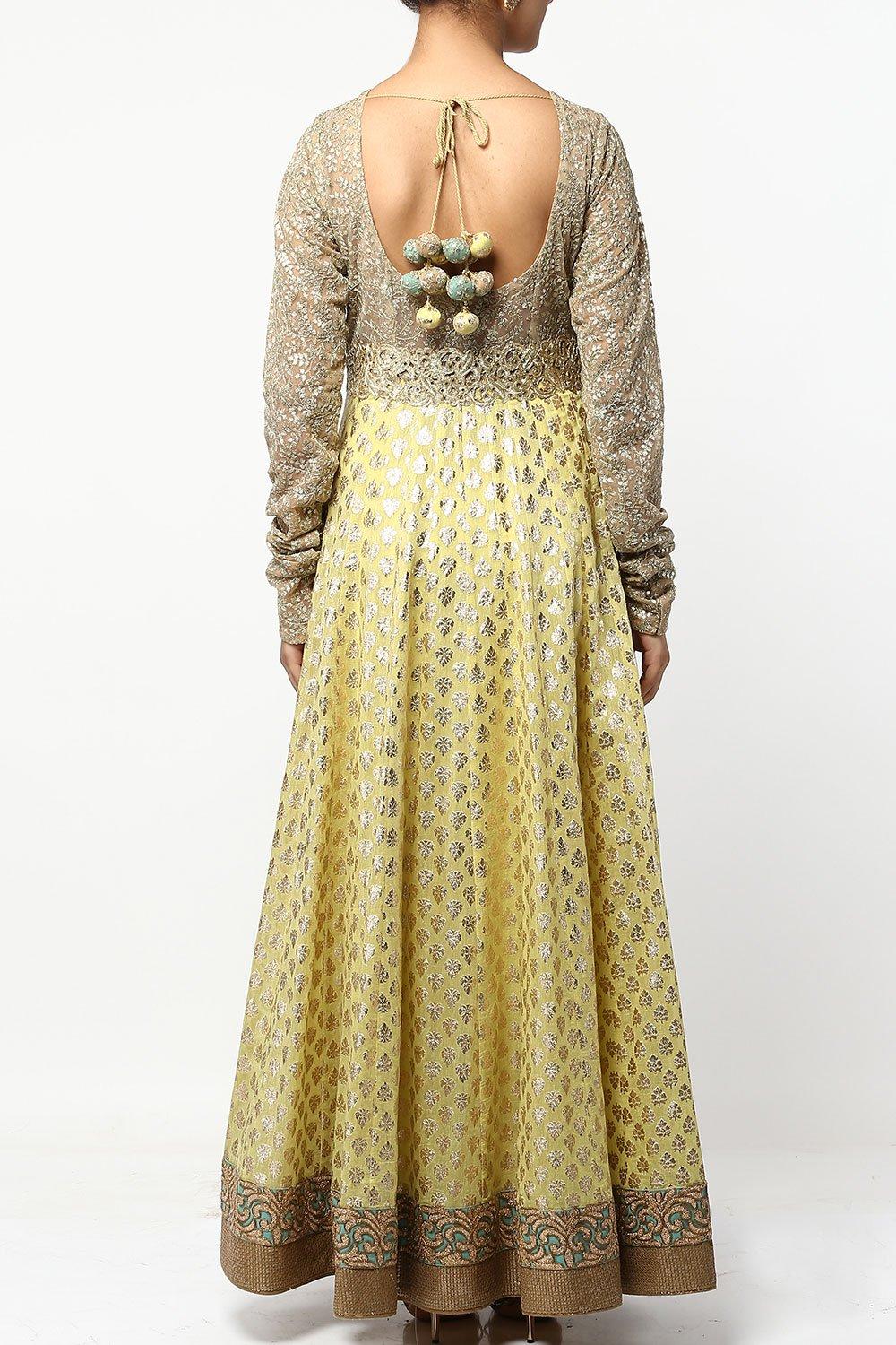 Lime Aari Work Brocade Anarkali Set - kylee