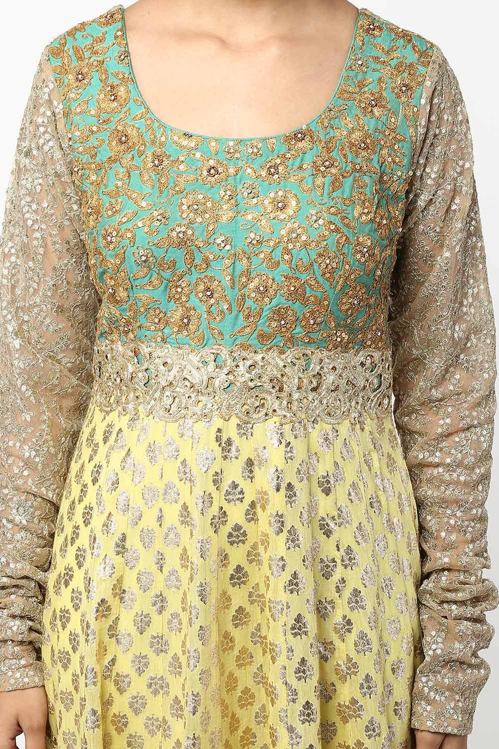 Lime Aari Work Brocade Anarkali Set - kylee