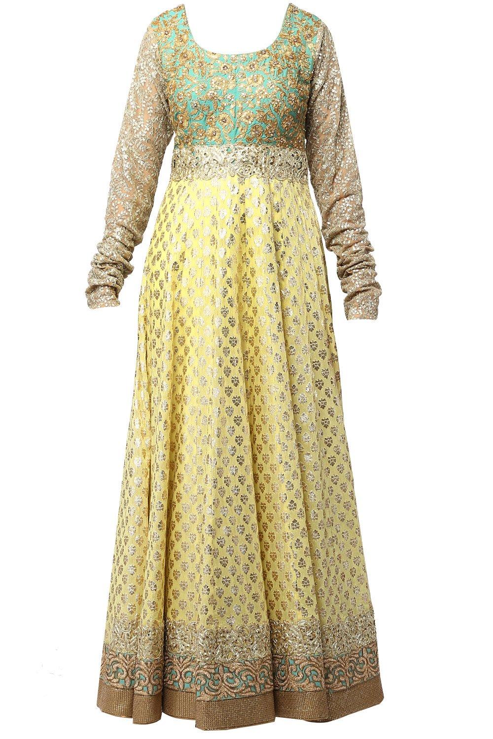 Lime Aari Work Brocade Anarkali Set - kylee