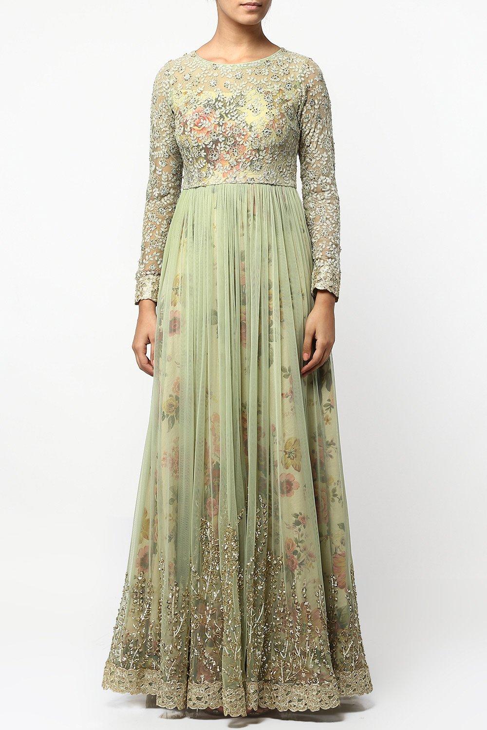 Green Floral Print Layered Anarkali Kurta - kylee