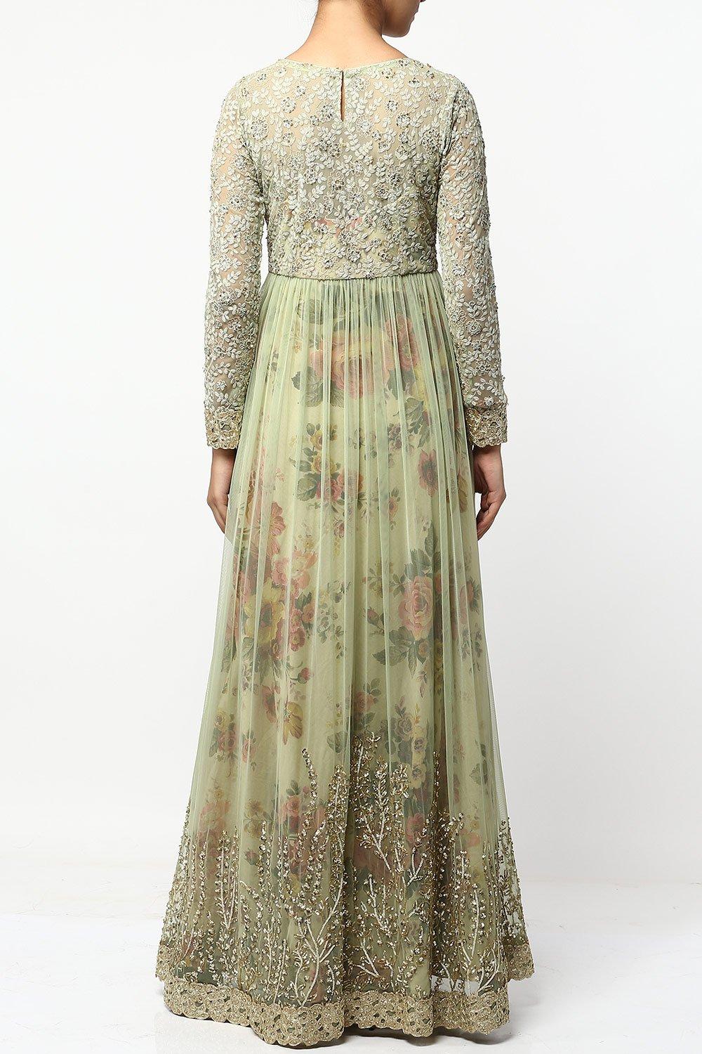 Green Floral Print Layered Anarkali Kurta - kylee