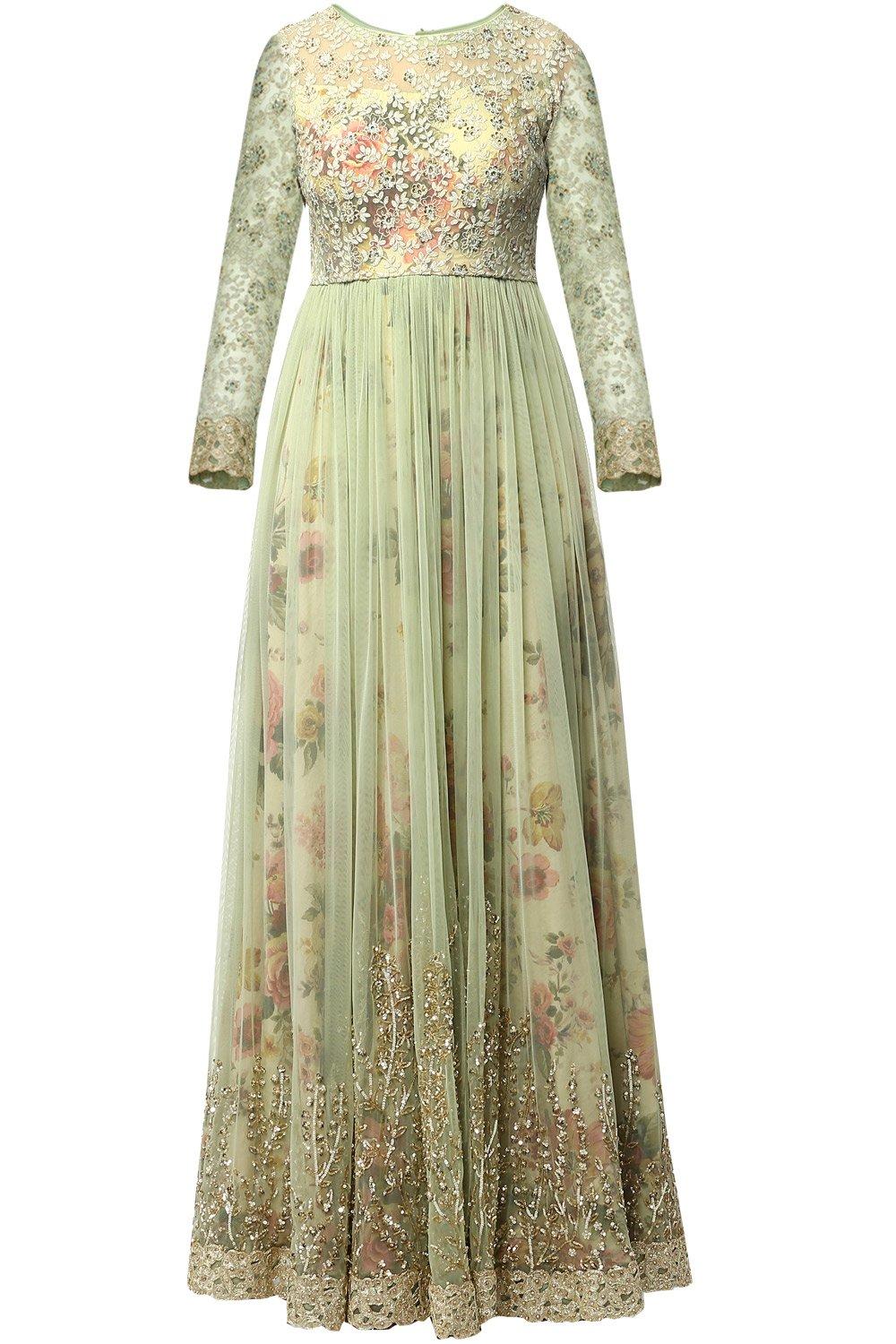Green Floral Print Layered Anarkali Kurta - kylee