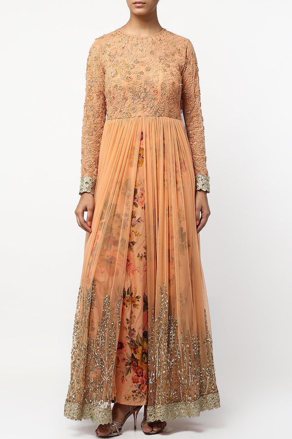 Light Coral Floral Print Layered Anarkali Set - kylee