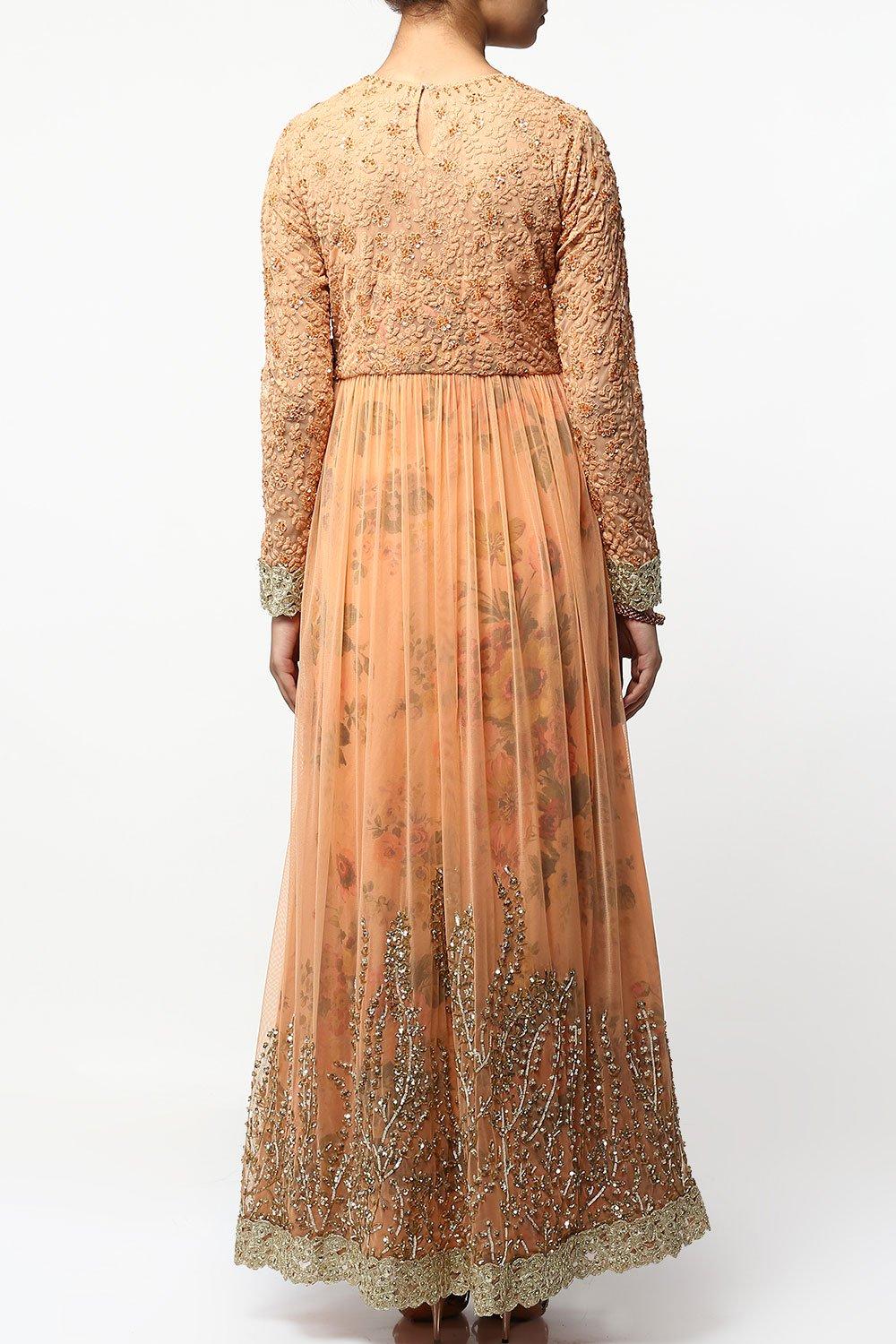 Light Coral Floral Print Layered Anarkali Set - kylee