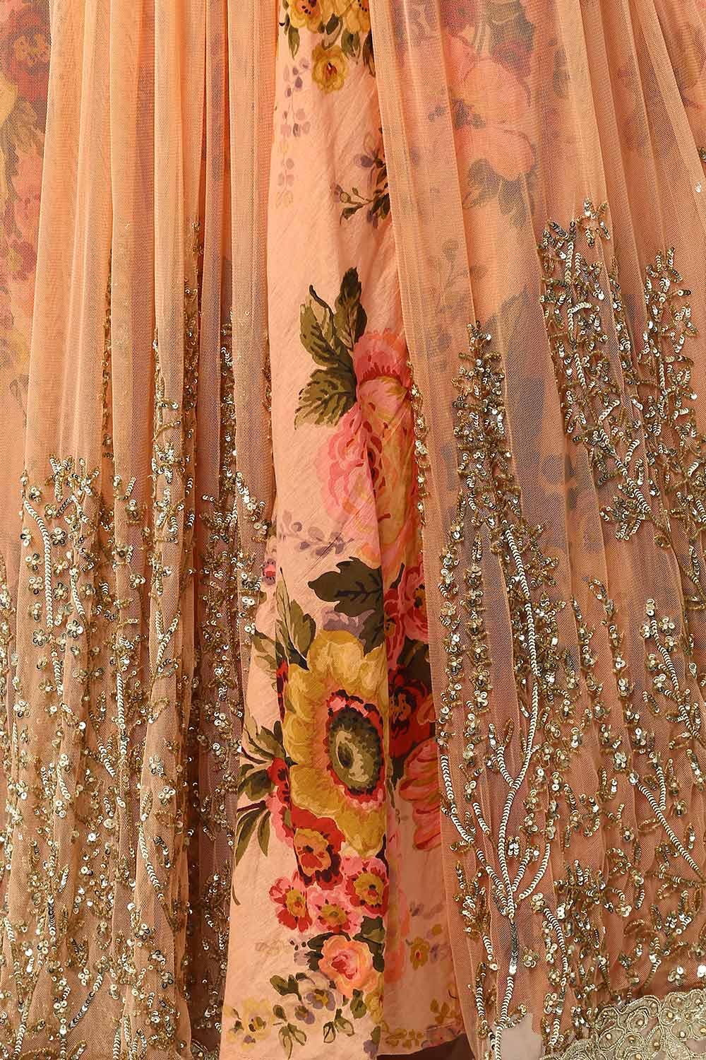 Light Coral Floral Print Layered Anarkali Set - kylee