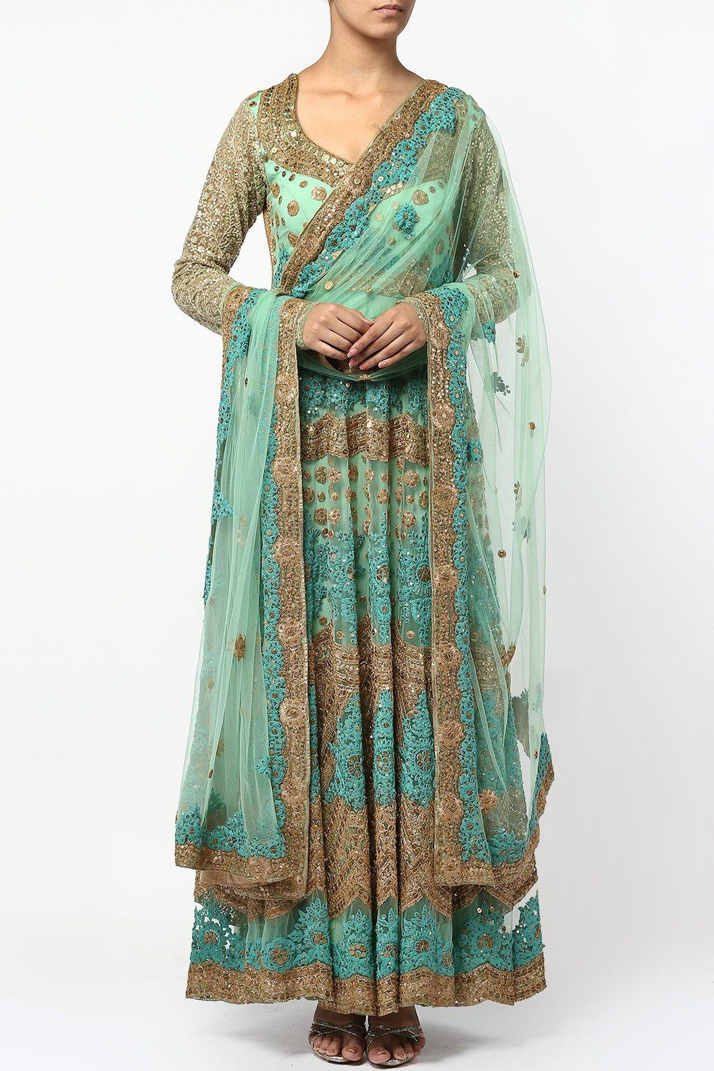 Green Floral Embroidered Anarkali Set - kylee
