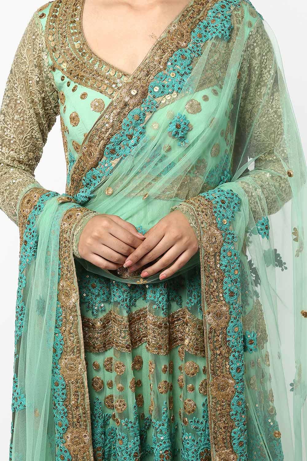 Green Floral Embroidered Anarkali Set - kylee