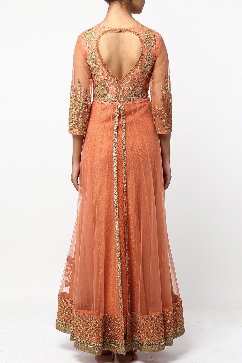 Peach Brocade Georgette Anarkali Set - kylee