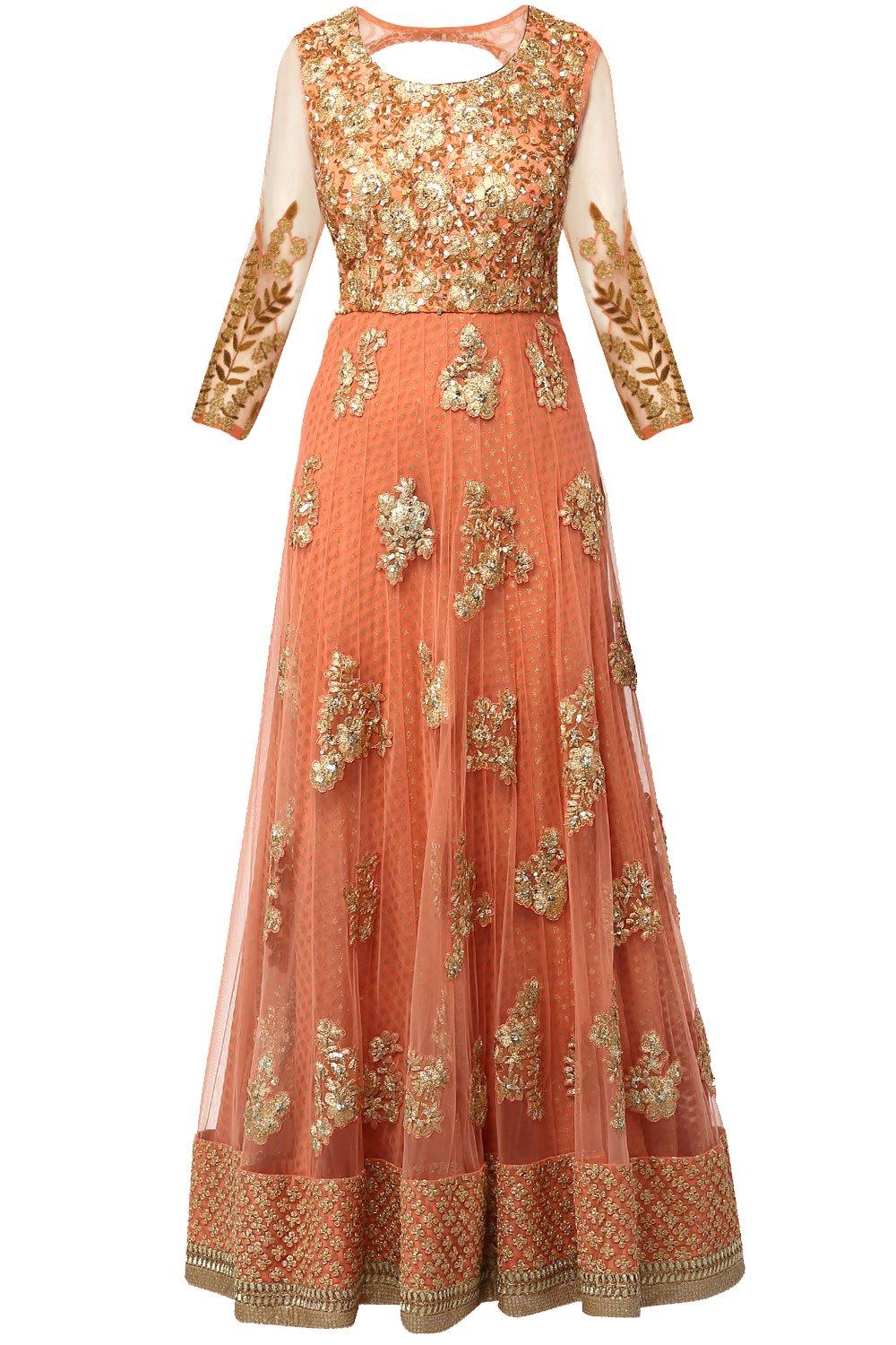 Peach Brocade Georgette Anarkali Set - kylee