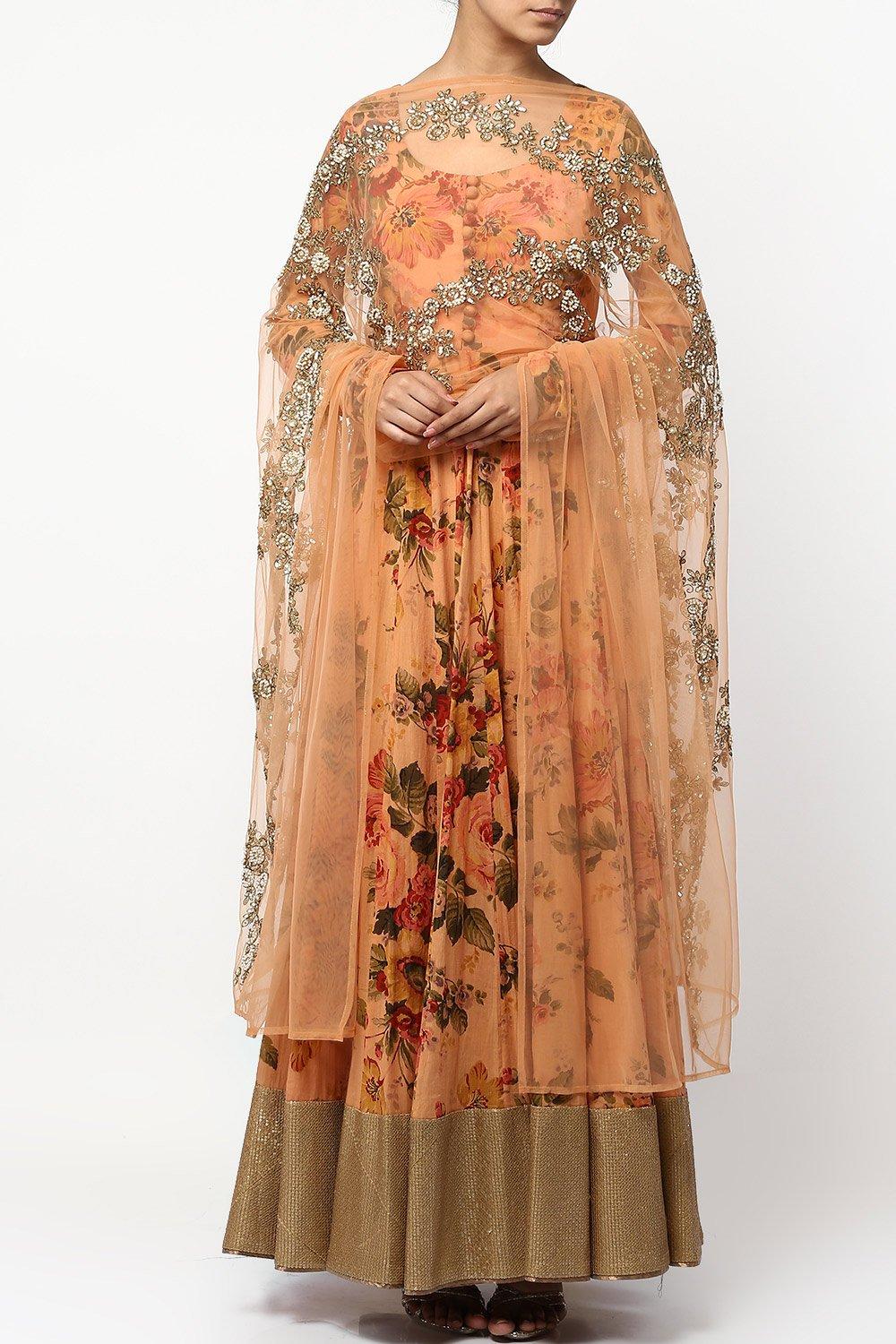 Light Coral Floral Print Anarkali Set - kylee