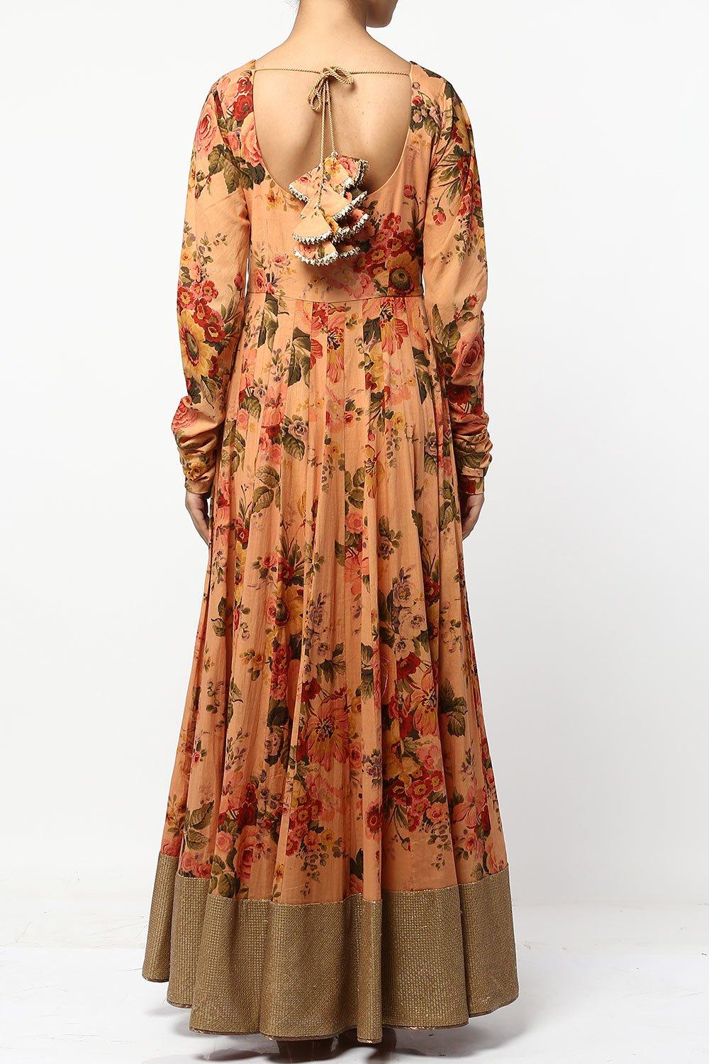 Light Coral Floral Print Anarkali Set - kylee