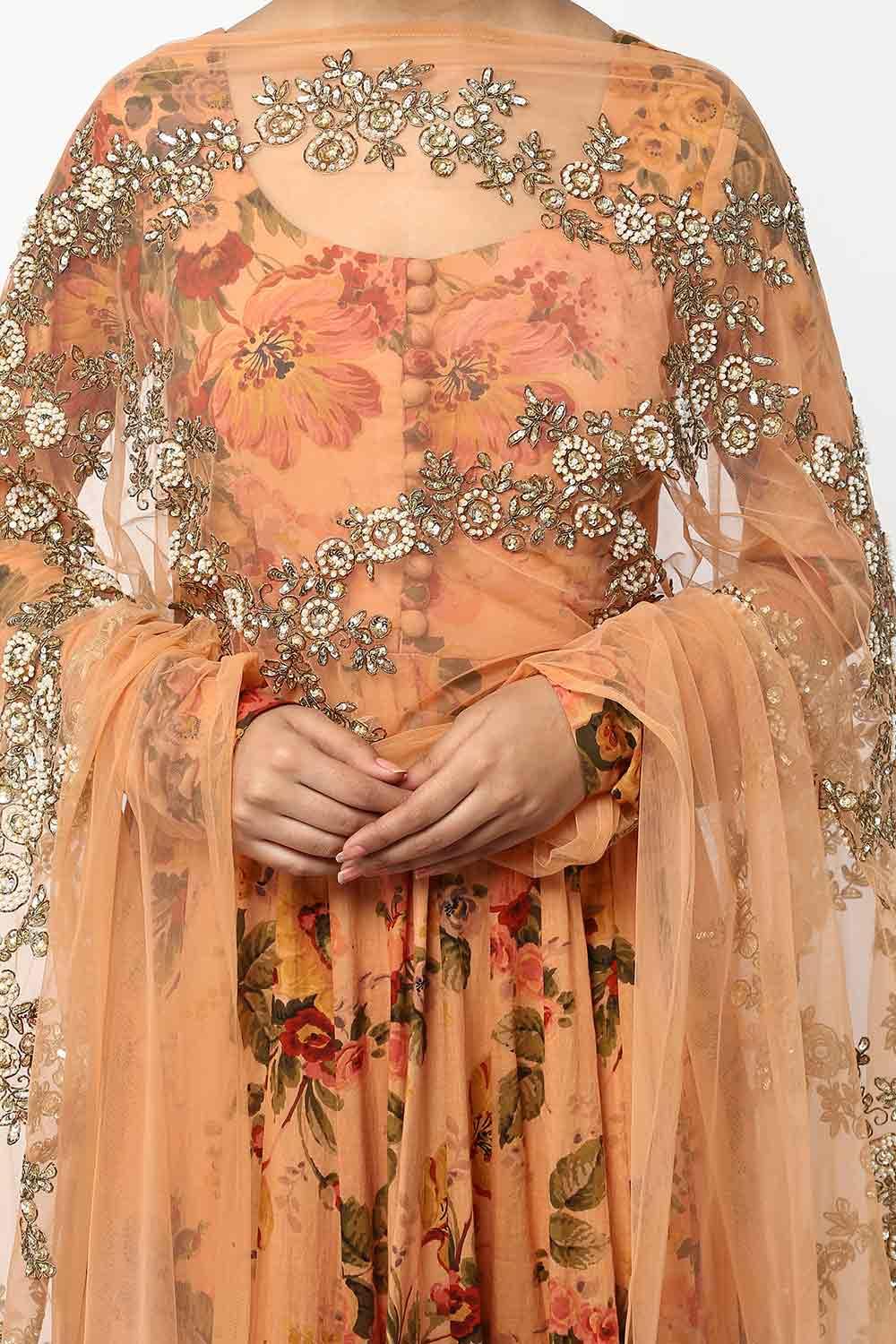 Light Coral Floral Print Anarkali Set - kylee