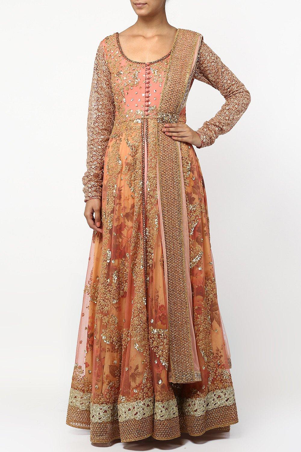 Dark Coral Floral Print Layered Anarkali Set - kylee