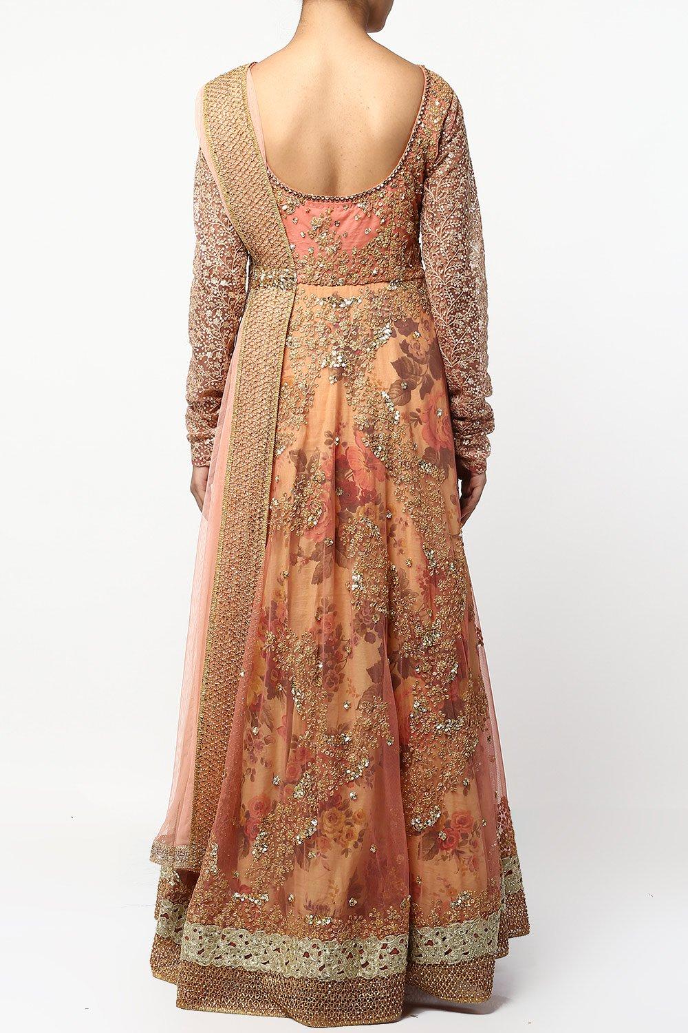 Dark Coral Floral Print Layered Anarkali Set - kylee