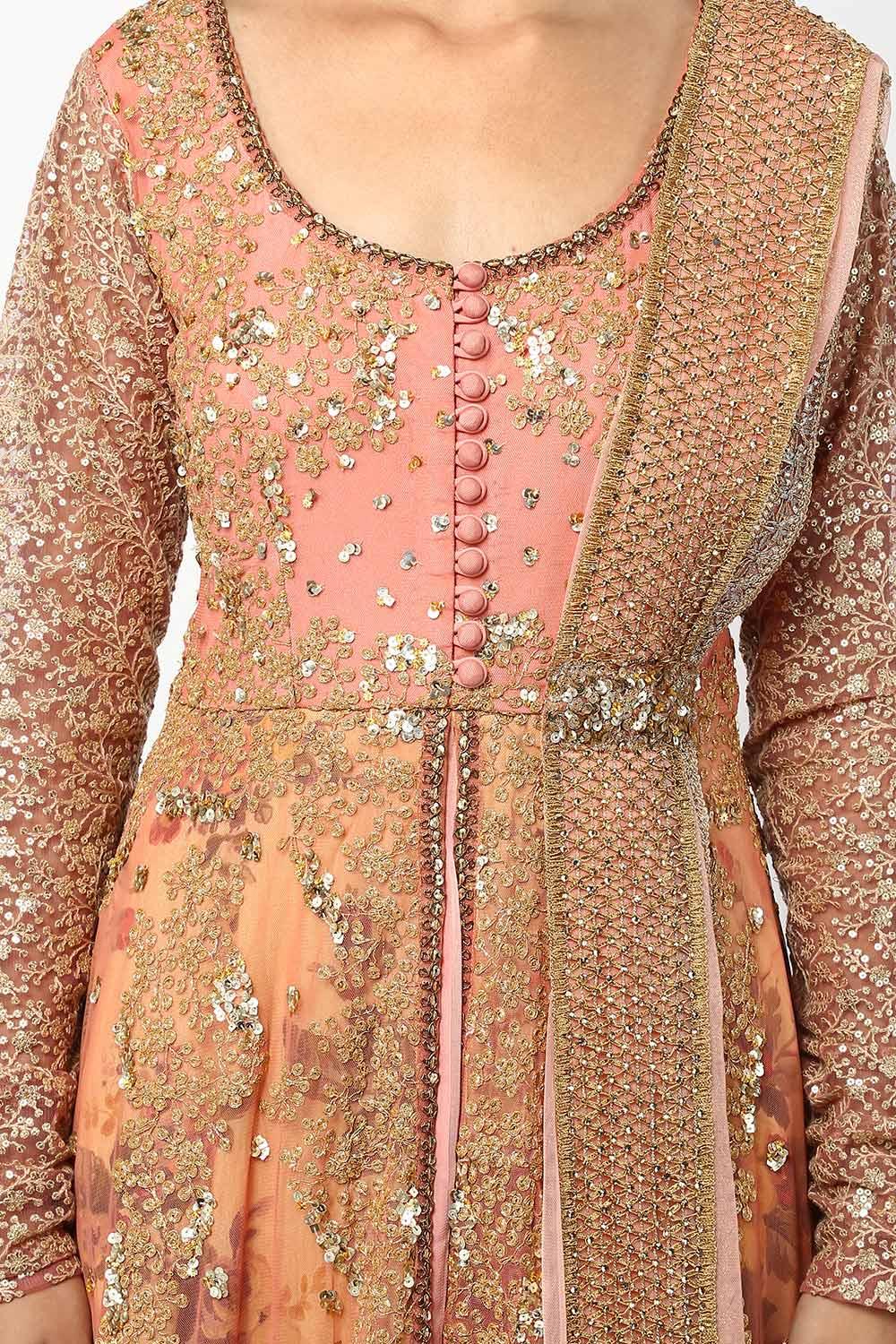 Dark Coral Floral Print Layered Anarkali Set - kylee