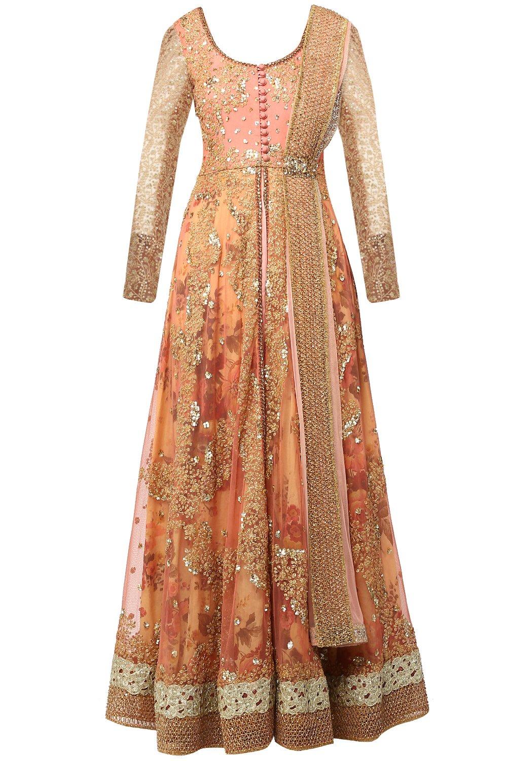 Dark Coral Floral Print Layered Anarkali Set - kylee