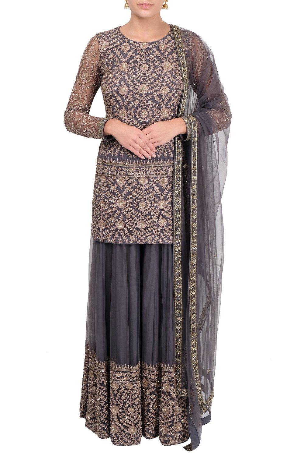 Deep Grey Emroidered Sharara Suit - kylee