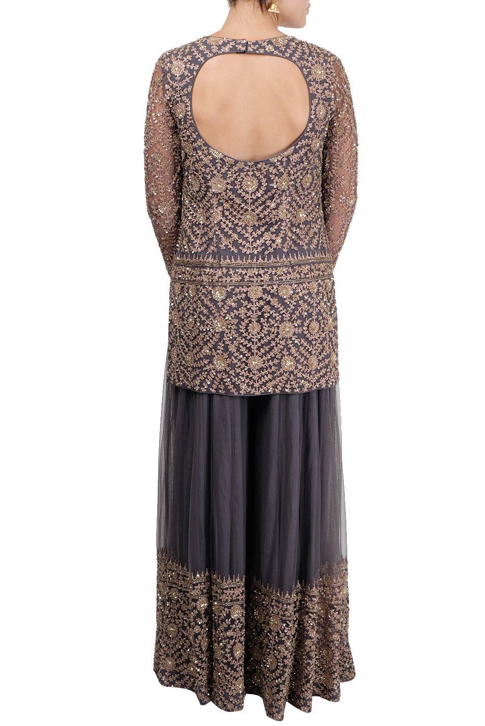 Deep Grey Emroidered Sharara Suit - kylee