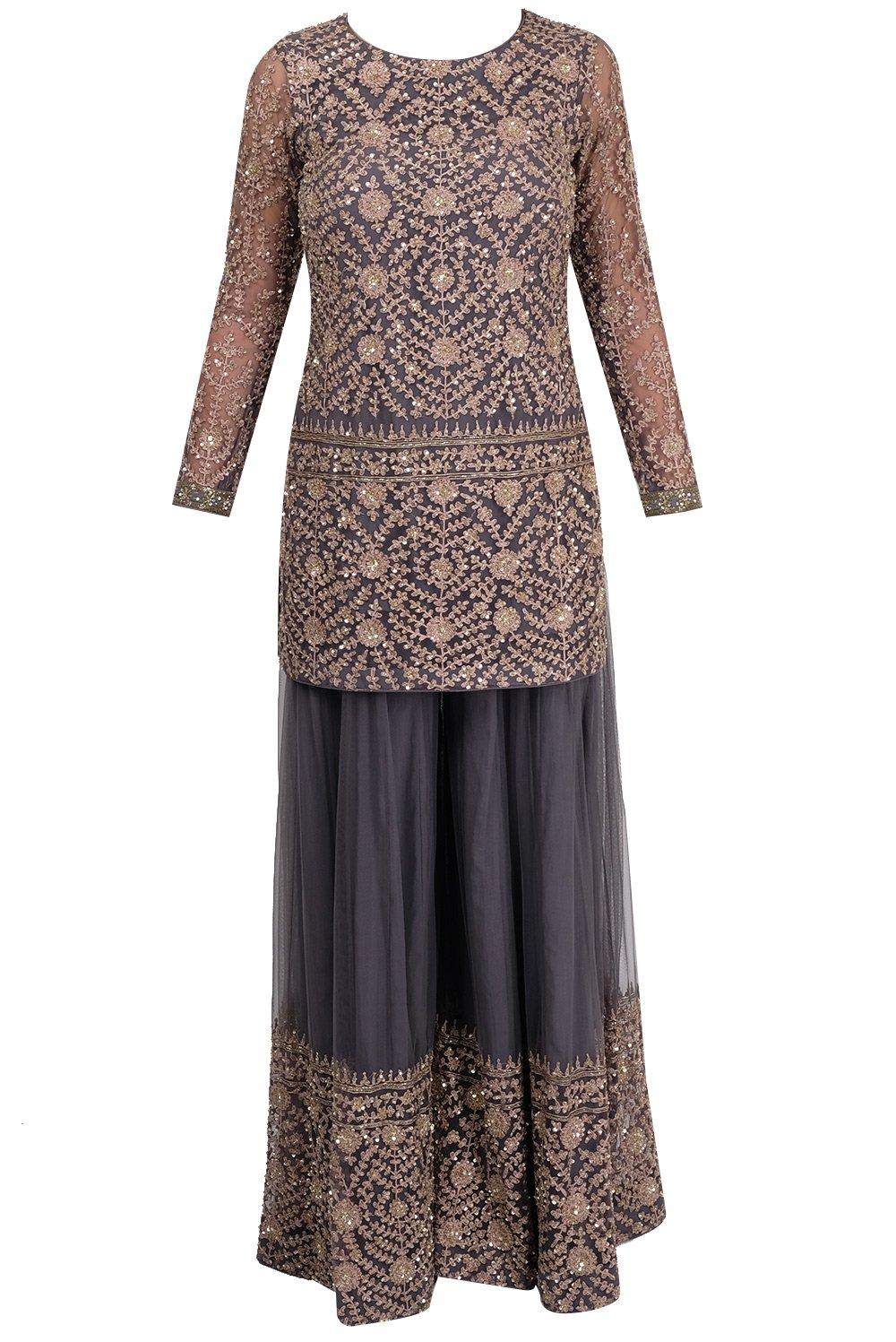 Deep Grey Emroidered Sharara Suit - kylee