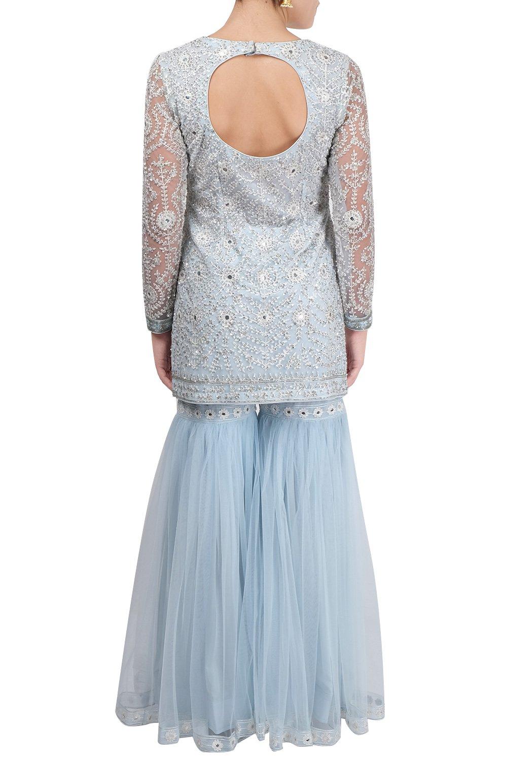Powder Blue Embroidered Gharara Suit - kylee