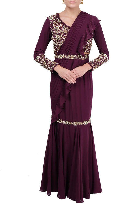 Maroon Embroidered Ruffle Saree - kylee