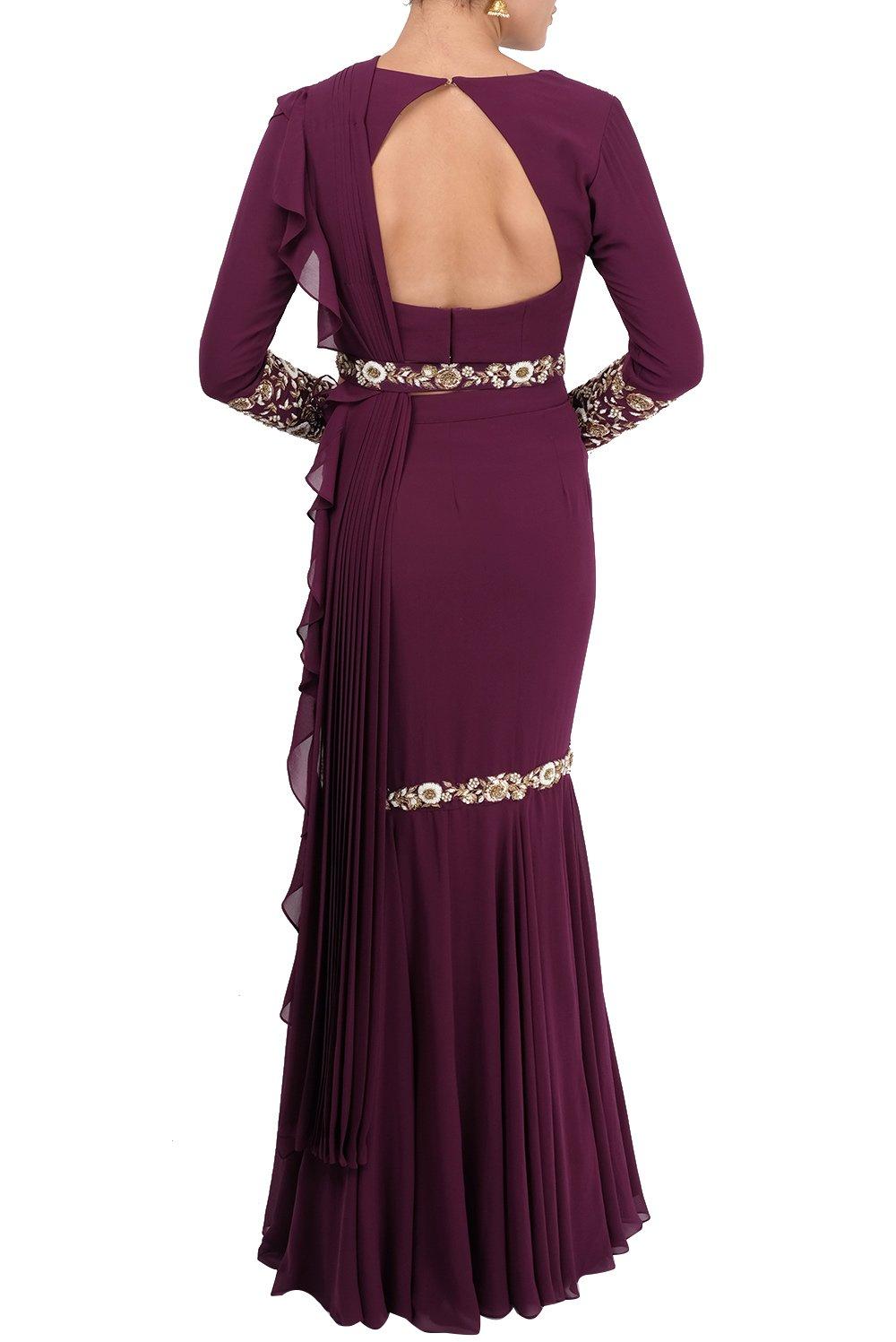 Maroon Embroidered Ruffle Saree - kylee