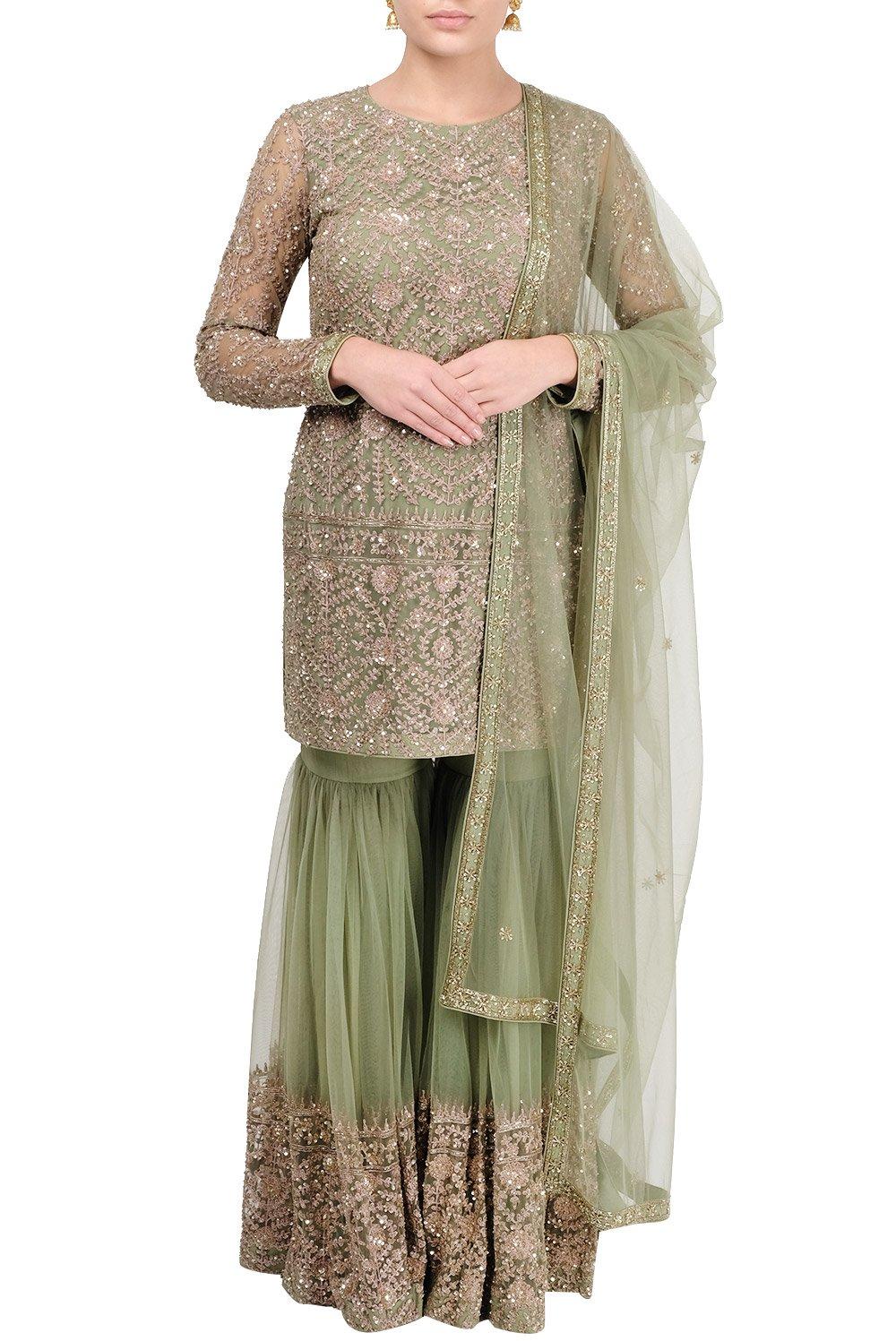 Sage Green Emroidered Gharara Suit - kylee