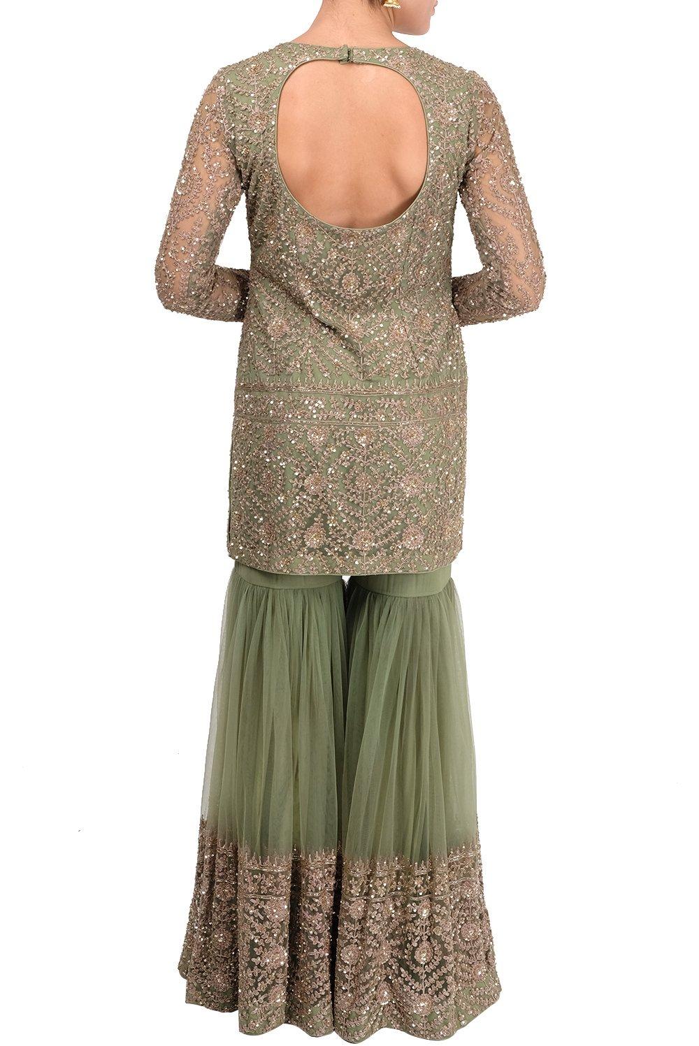 Sage Green Emroidered Gharara Suit - kylee