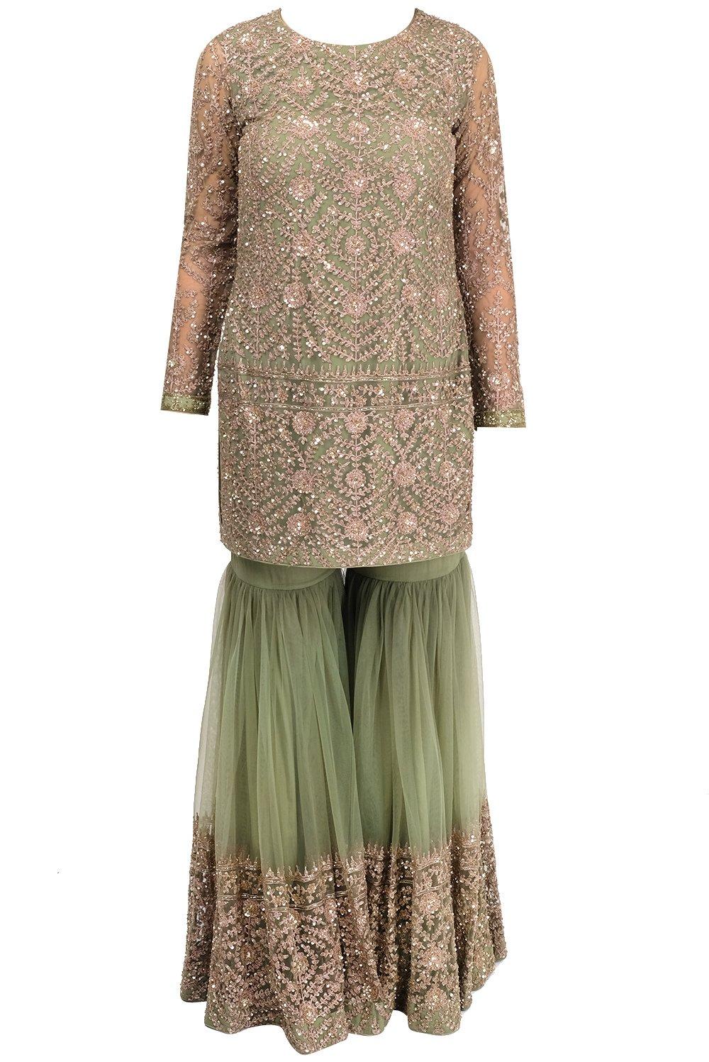 Sage Green Emroidered Gharara Suit - kylee