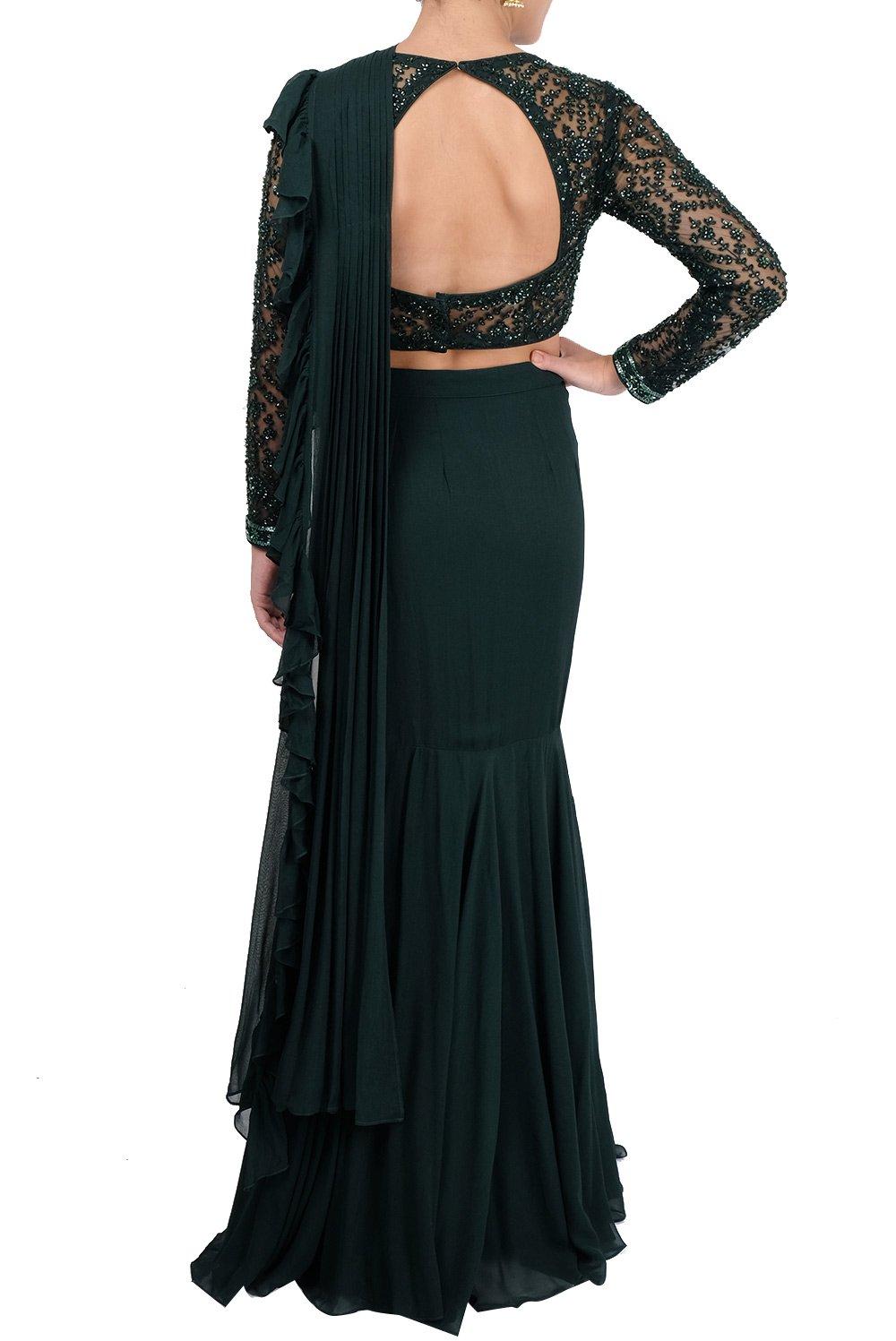 Bottle Green Ruffle Saree - kylee