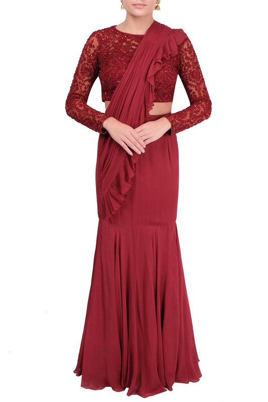 Deep Red Embroidered Ruffle Saree Set - kylee