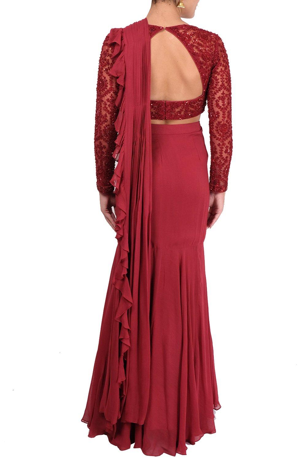 Deep Red Embroidered Ruffle Saree Set - kylee