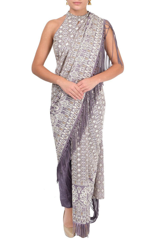 Marine Embroidered Draped Saree & Pants Set - kylee