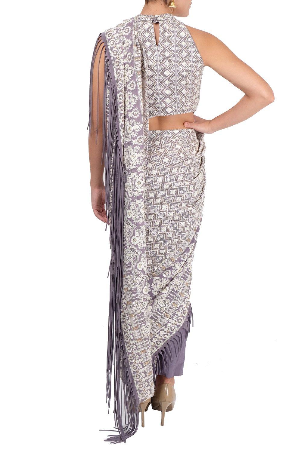 Marine Embroidered Draped Saree & Pants Set - kylee