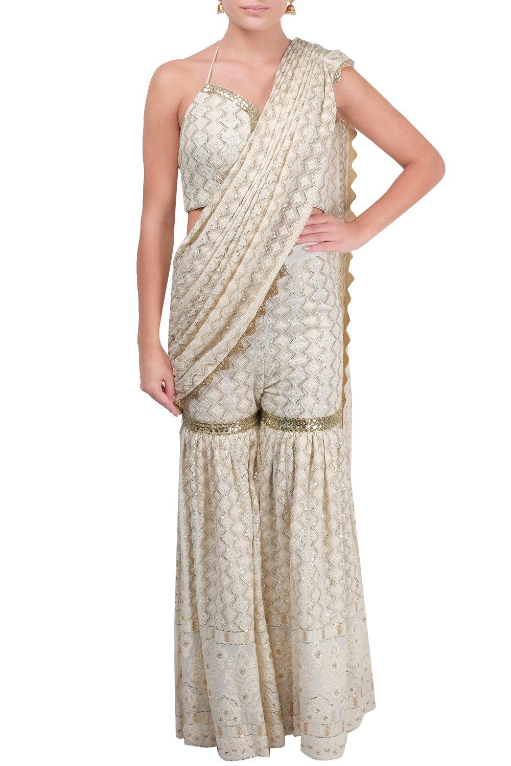 Ivory Embroidered Garara Saree - kylee