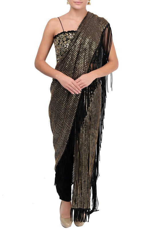 Black Pants Embellished Drape Saree - kylee