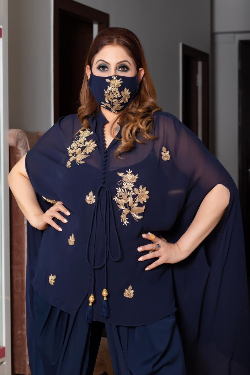 Navy Blue Cape And Dhoti Set - kylee